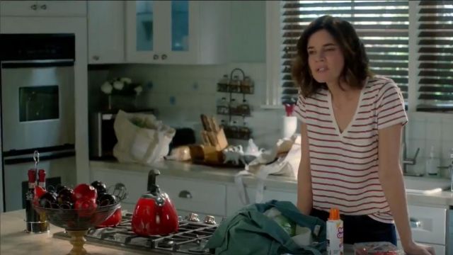 Madewell Whisper Cotton Stripe V Neck Tee worn by Heather (Betsy Brandt) in Life in Pieces (S03E09)