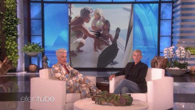 Stine Goya Marcel floral print cady wide leg pants worn by P!nk on The Ellen DeGeneres Show April 22, 2019