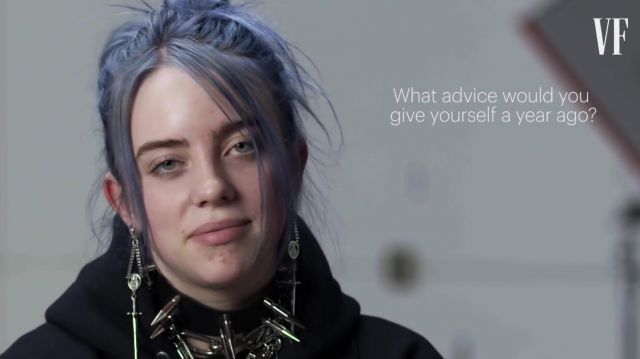 Billie Eilish's double row studded choker as seen in the video Same Interview, One Year Apart by Vanity Fair