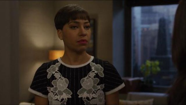Andrew Gn Round Neck Cap Sleeve Metallic Pinstripe Dress worn by Lucca Quinn (Cush Jumbo) in The Good Fight (S03E06)
