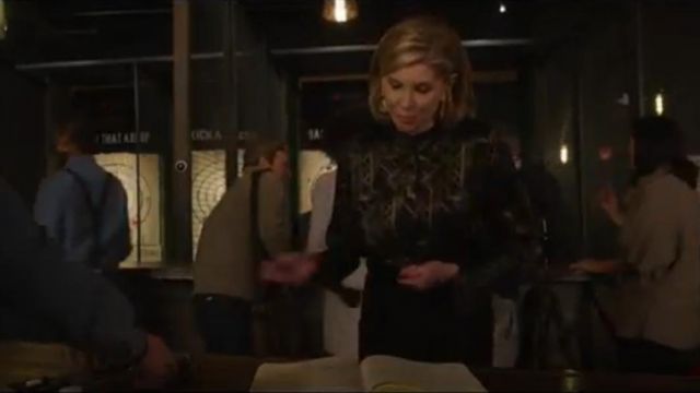 Lafayette 148 New York Marybeth Mod Deco Burnout Blouse worn by Diane Lockhart (Christine Baranski) in The Good Fight (S03E06)