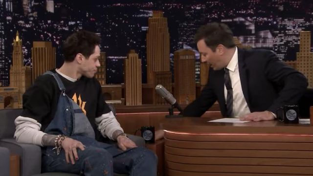 A.P.C. Paint Splattered Dungarees worn by Pete Davidson on The Tonight Show Starring Jimmy Fallon April 18, 2019