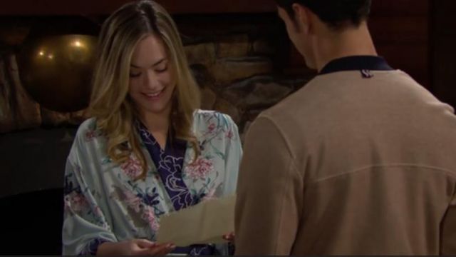 In Bloom by Jonquil Floral Kimono Wrap Dress worn by Hope Logan (Annika Noelle) as seen on The Bold and the Beautiful (S32E148) April 23, 2019