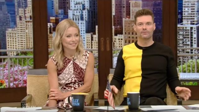 Victoria Beckham Print Side Gather Midi Dress worn by Kelly Ripa on LIVE with Kelly and Ryan April 26, 2019
