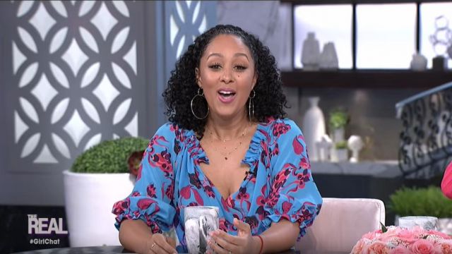 Saloni Olivia Velvet Burnout Midi Flounce Dress worn by Tamera Mowry on The Real Talk Show (April 2019)