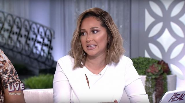 Dress The Population Colby Crepe Grecian Knot Dress worn by Adrienne Bailon on The Real Talk Show April 2019