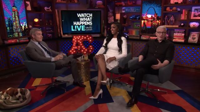 Dress the Population Natalie Sequin Sheath Dress in white worn by Porsha Williams on Watch What Happens Live with Andy Cohen April 28, 2019