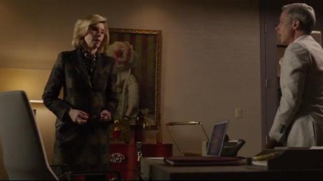 Akris Todd Button Front Fruit of Vienna Metallic Jacquard Coat worn by Diane Lockhart (Christine Baranski) in The Good Fight (S03E08)