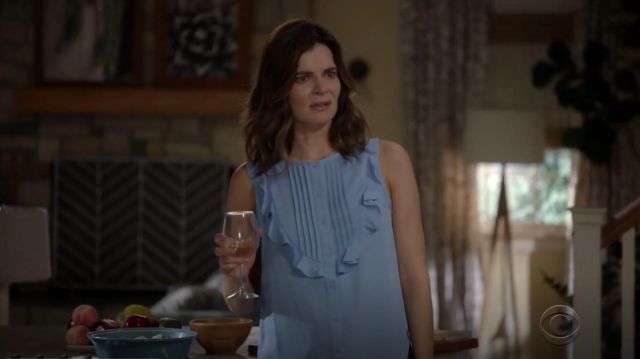 Ann Taylor Pintucked Ruffle Bib Shell worn by Heather (Betsy Brandt) in Life in Pieces (S04E04)