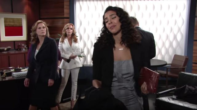 Do + Be Strapless Plaid Print Midi Dress worn by Alice Hunter as seen in The Young and the Restless March 2019
