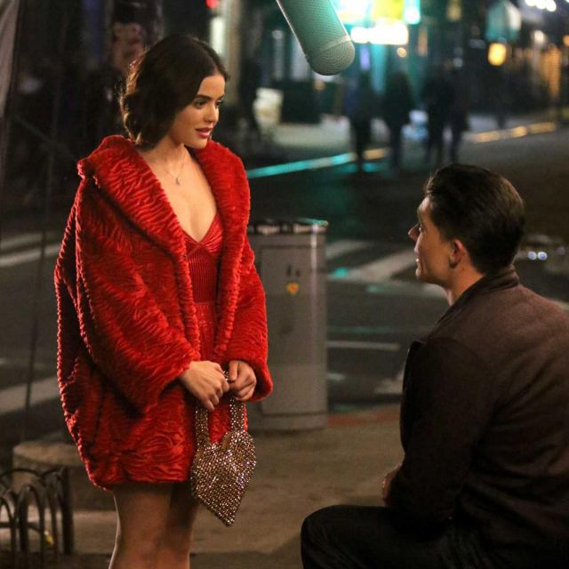 Marchesa Notte Crocheted lace trimmed pleated lamé gown worn by Lucy Hale on the set of Katy Keene at New York March 2019