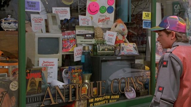 The smiley pink in the shop window of Blast from the Past Back to the future 2