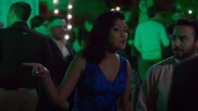 David Meister Sleeveless Floral-Appliqué A-Line Gown worn by Vicky (Tiya Sircar) in The Good Place (S02E05)