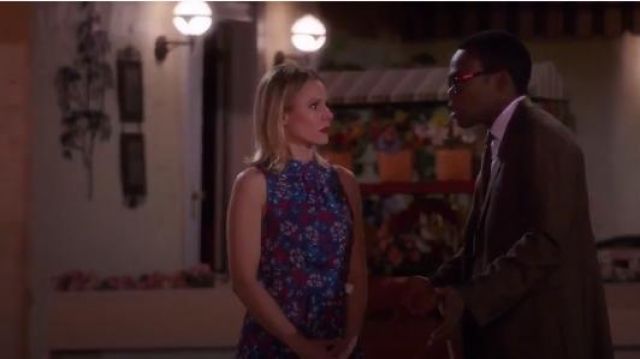 Parker Aurora Dress in Rainflower worn by Eleanor Shellstrop (Kristen Bell) in The Good Place (S02E05)