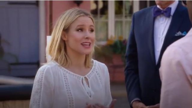 Joie Three-Quarter Sleeve Cotton Blouse worn by Eleanor Shellstrop (Kristen Bell) in The Good Place (S02E10)