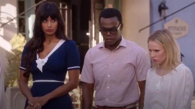ModCloth Navy Dress With White Bow worn by Tahani Al-Jamil (Jameela Jamil) in The Good Place (S02E10)