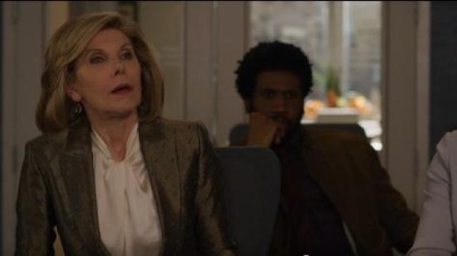 Vince Knotted High-Neck Log-Sleeve Silk Blouse worn by Diane Lockhart (Christine Baranski) in The Good Fight (S03E10)