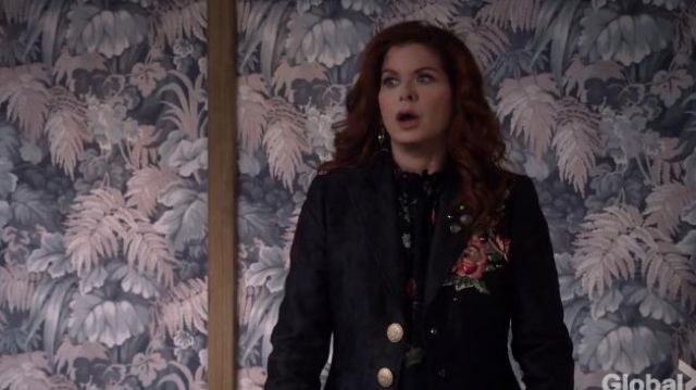 Dolce & Gabbana Embroidered Rose Patch Jacquard Coat worn by Grace Adler (Debra Messing) in Will & Grace (S02E09)