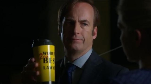 Red Bubble World’s 2nd Best Lawyer Travel Mugs used by Jimmy McGill (Bob Odenkirk) in Better Call Saul (S02E02)