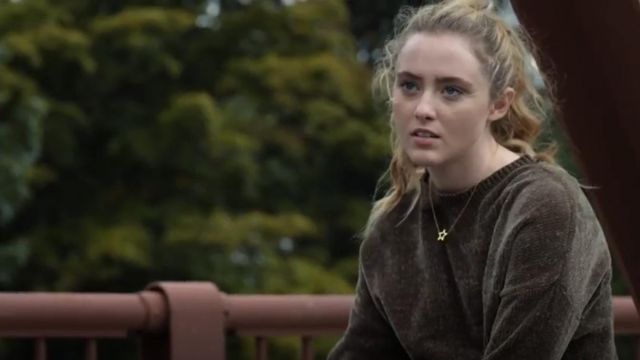 Paris Sunday Oversized Chenille Crewneck Sweater worn by Allie Pressman (Kathryn Newton) in The Society (S01E01)