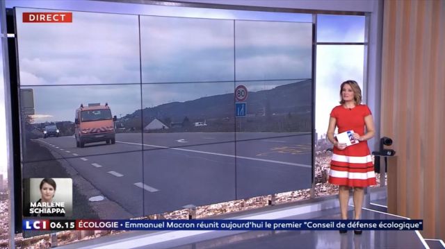 The red and white robe worn by Pascale de la Tour du Pin in The Morning of LCI of may 23, 2019
