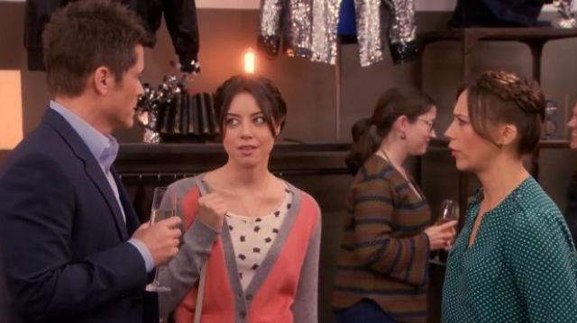 BDG at Urban Outfitters Prep school colorblock cardigan worn by April Ludgate (Aubrey Plaza) in Parks and Recreation (S05E16)