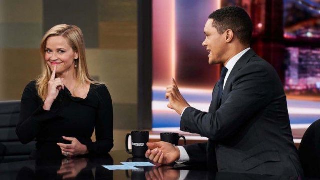Roland Mouret Liman Funnel-Cuff Dress in black worn by Reese Witherspoon on The Daily Show with Trevor Noha May 28, 2019