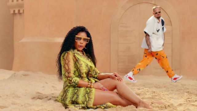 Versace oversized gold sunglasses worn by Nicki Minaj as seen in Wobble Up music video by Chris Brown feat. G-Eazy