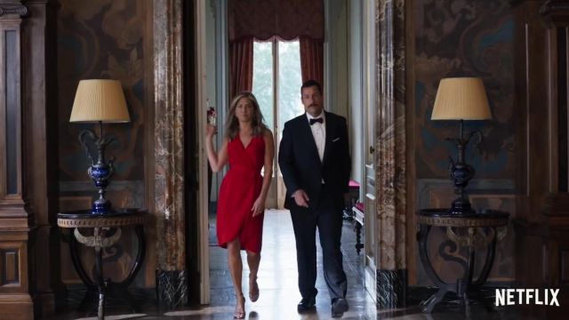 Red Wrap Dress worn by Audrey Spitz (Jennifer Aniston) in Murder Mystery