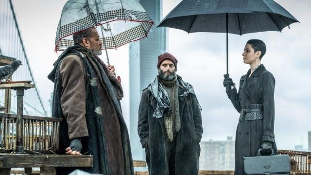 Clear dot umbrella used by Bowery King (Laurence Fishburne) in John Wick: Chapter 3 – Parabellum