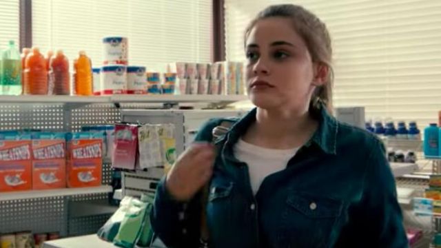Denim blue shirt worn by Clair (Josephine Langford) in Into the Dark: They Come Knocking