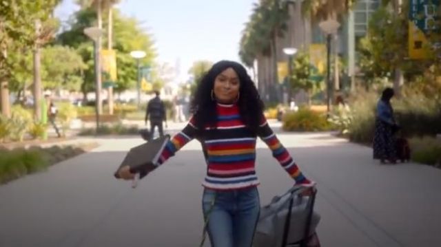 Veronica Beard Ines Rhinestone Side Stripe Girlfriend Jeans worn by Zoey Johnson (Yara Shahidi) in grown-ish (S02E01)
