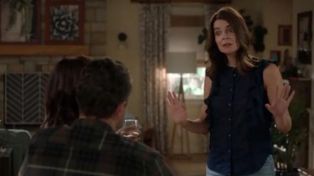 J. Crew  Point Sur sleeveless embroidered flutter top worn by Heather (Betsy Brandt) in Life in Pieces (S04E06)