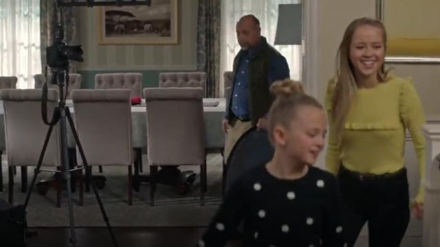 Yellow Fitted Ruffle Sweater worn by Samantha Hughes (Holly J. Barrett) in Life in Pieces (Season04 Episode07)