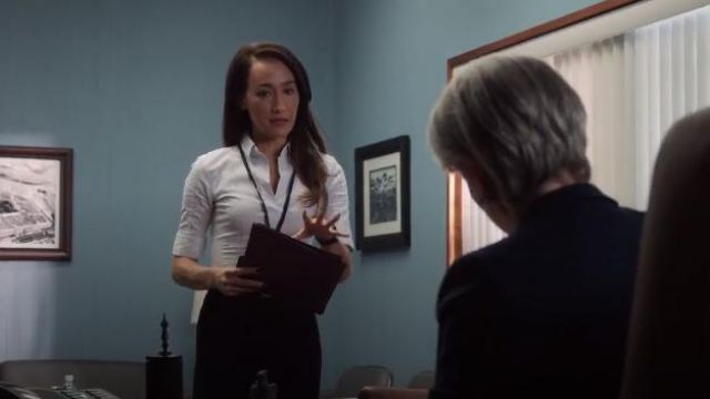 BOSS Bashini 2 Stripe Poplin Fitted Blouse worn by Hannah Wells (Maggie Q) in Designated Survivor (Season 03 Episode 02)