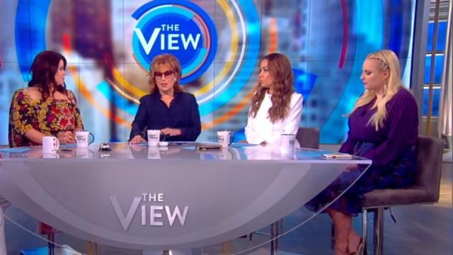 Anne Klein Oblique Stripe Split Neck Purple Top worn by Meghan McCain on The View June 07,2019