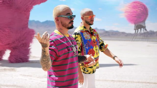 Guess x J Balvin Green and pink striped t-shirt worn by J Balvin in his Loco Contigo music video with DJ Snake, Tyga