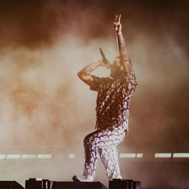 Black snakeskin printed t-shirt worn by Post Malone for Bonnaroo Festival 2019
