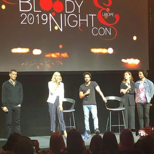 The pants navy blue striped worn by Candice King at Bloody Night Con in Brussels on 9 June 2019
