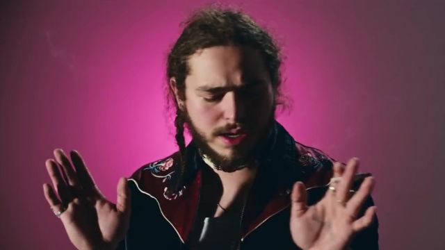 Saint Laurent Western Bomber Jacket in Black and Burgundy Cotton and Rayon worn by Post Malone in his Congratulations music video feat. Quavo