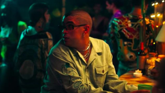 Denim jacket in light blue worn by Bad Bunny in his Callaíta music video