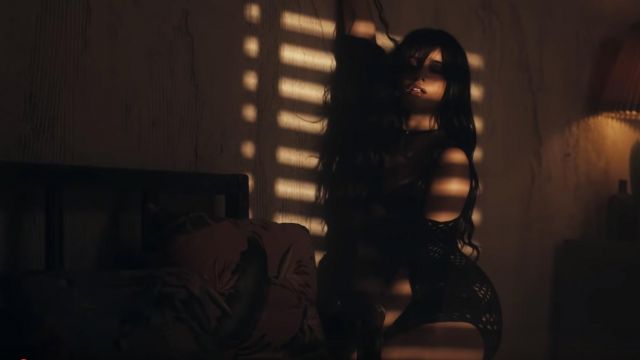 Crochet black midi dress worn by Camila Cabello in her Señorita music video with Shawn Mendes