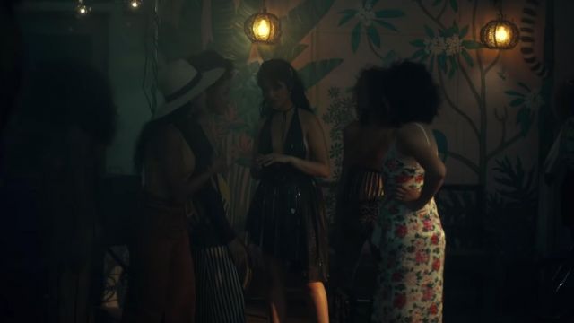 Black V-neck sequin dress worn by Camila Cabello in her Señorita music video with Shawn Mendes
