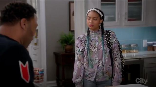 H&M Ruffled Tiger Floral Blouse worn by Zoey Johnson (Yara Shahidi) in black-ish (Season03 Episode22)
