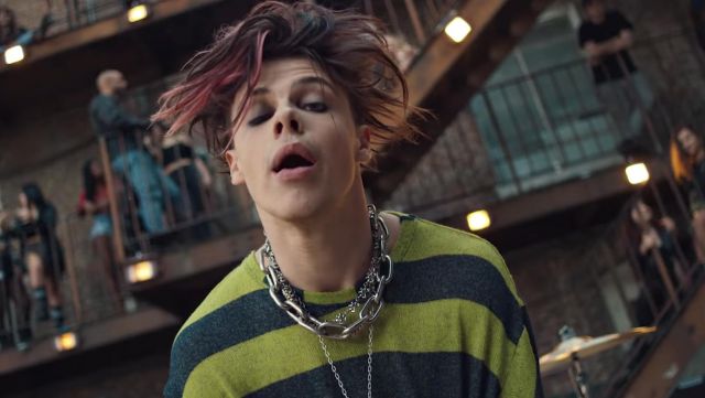 Longsleeve green and black striped t-shirt worn by Yungblud in his I Think I'm OKAY music video with Machine Gun Kelly, Travis Barker