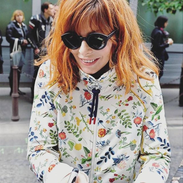 The jacket flowers High by Claire Campbell worn by Mylène Farmer on the account instagram of @mylene.farmer