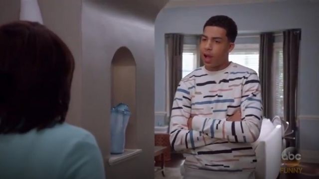 Wesc Miles Broken Stripe White Winter Color Block Sweater worn by Andre Johnson, Jr. (Marcus Scribner) in black-ish (Season04 Episode10)