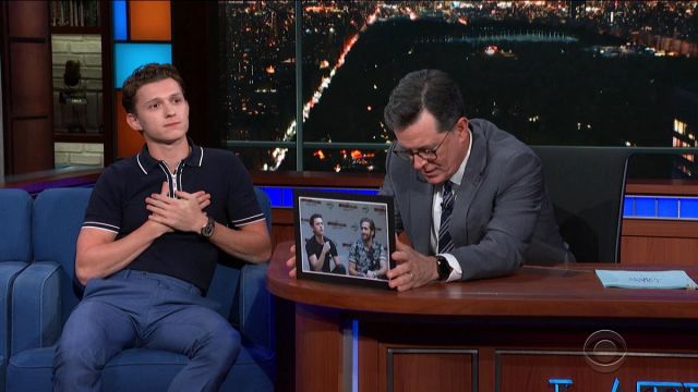 Reiss Lyle Navy Tipped Zip Neck Polo worn by Tom Holland on The Late Show with Stephen Colbert