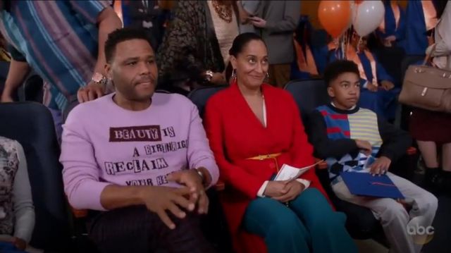 Valentino Beauty Is A Birthright Intarsia Sweater worn by Andre 'Dre' Johnson (Anthony Anderson) in black-ish (S04E22)