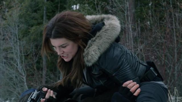 black leather jacket with fur neck worn by Clair Hamilton (Gina Carano) in Daughter of the Wolf